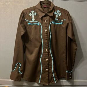 Wrangler Western Pearl Snap Embroidered Button Down Shirt Purple Floral Rodeo